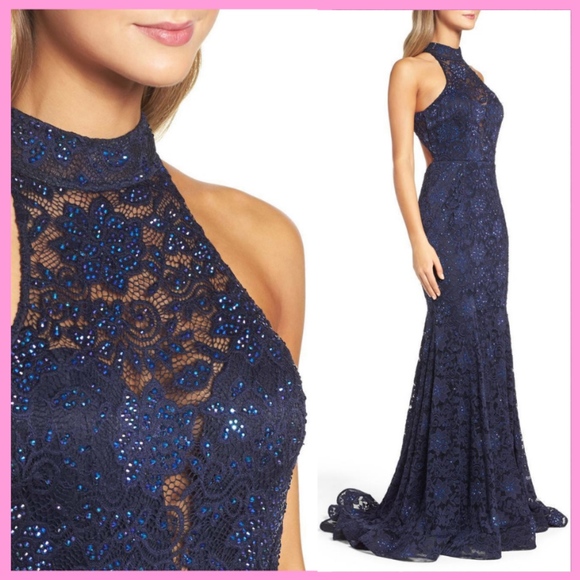 NEW! $568 La Femme Rhinestone Lace Gown‎ in Navy Blue [SZ 2 ] - Picture 2 of 10